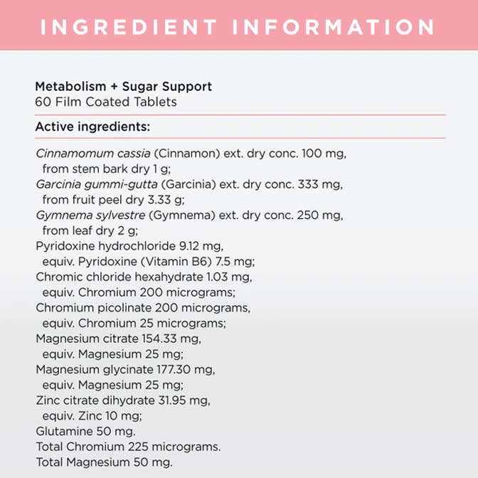 JSHealth Metabolism and Sugar Support 60 Tablets Ingredients List
