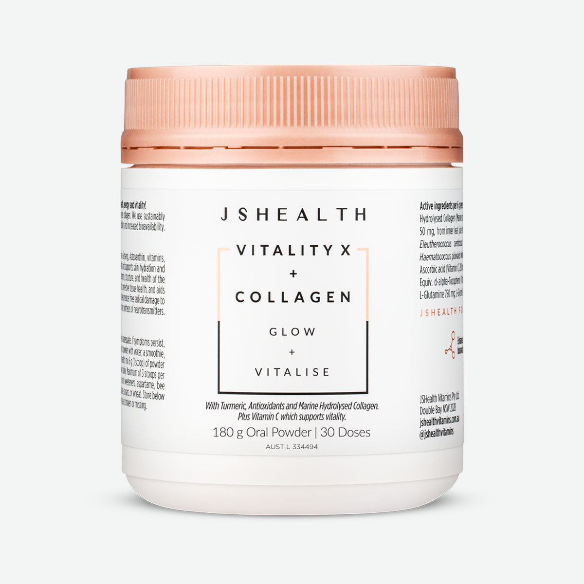 JSHealth Vitality X + Collagen 180g powder 30 doses grey background