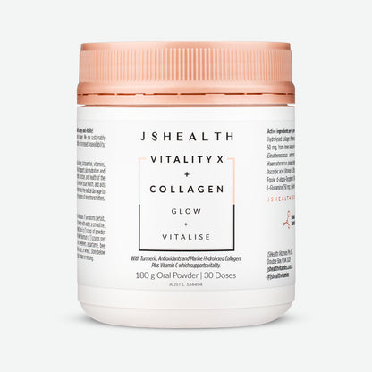 JSHealth Vitality X + Collagen 180g powder 30 doses grey background