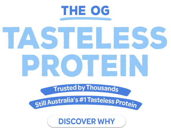Promotional graphic for 'The OG Tasteless Protein' with text and a call to action on a white background.