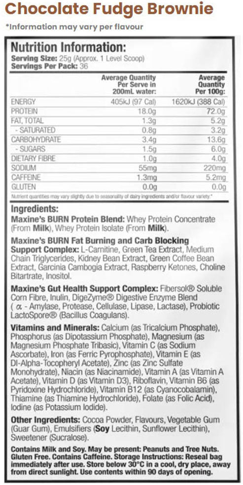 Maxine's Burn Protein Chocolate Fudge Brownie nutrition information and ingredients