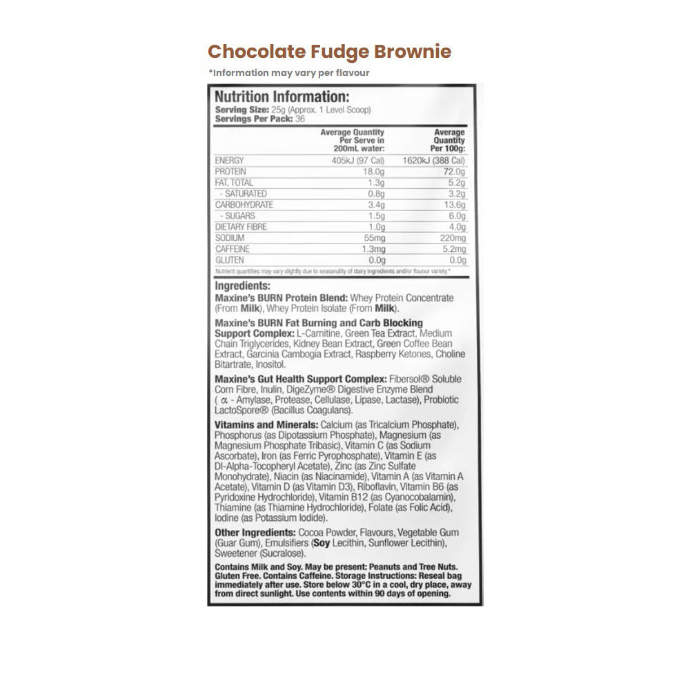 Maxine's Burn Protein Chocolate Fudge Brownie nutrition information and ingredients