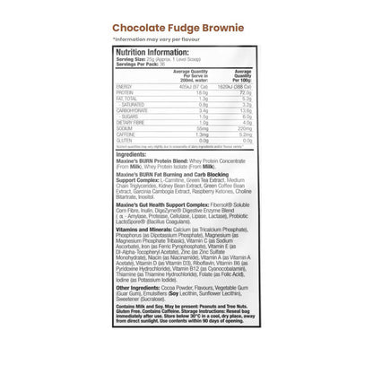 Maxine's Burn Protein Chocolate Fudge Brownie nutrition information and ingredients