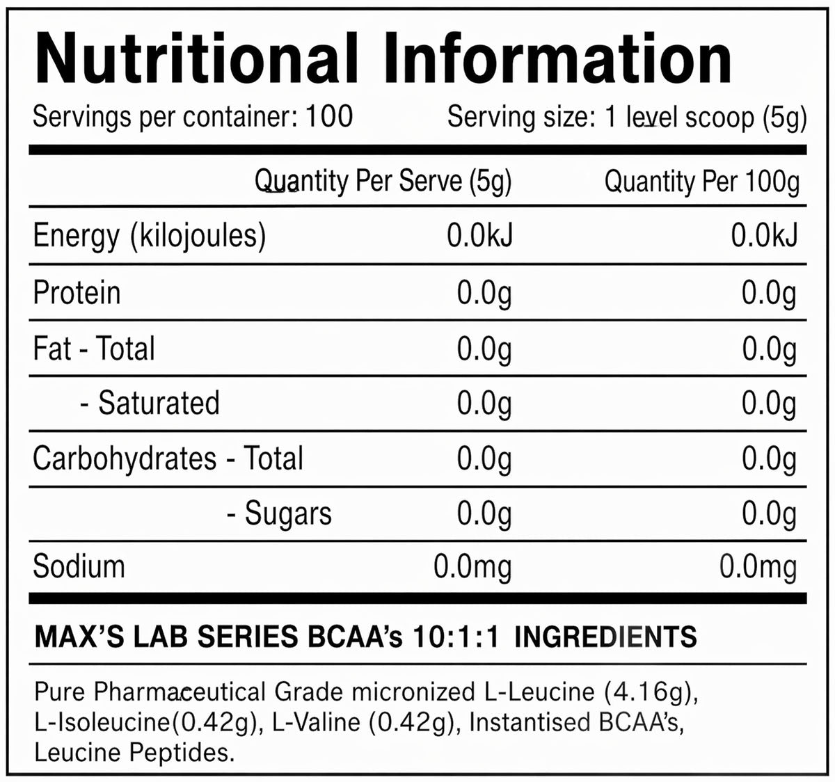 Max's Lab Series 10:1:1 ratio BCAAs unflavoured nutrition information and ingredients