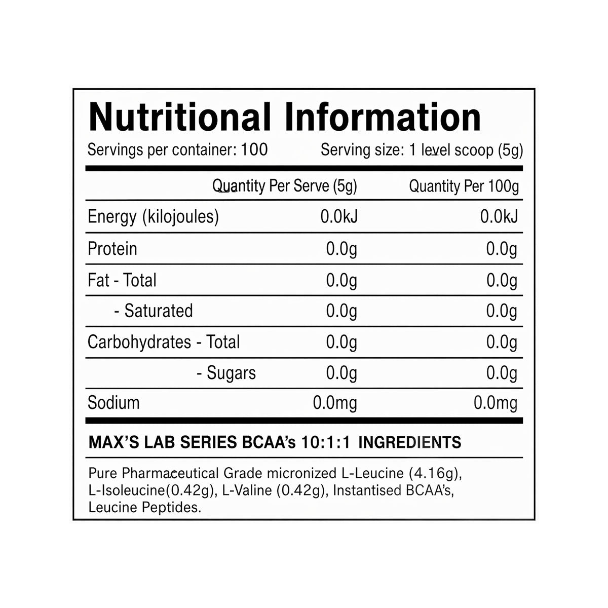 Max's Lab Series 10:1:1 ratio BCAAs unflavoured nutrition information and ingredients