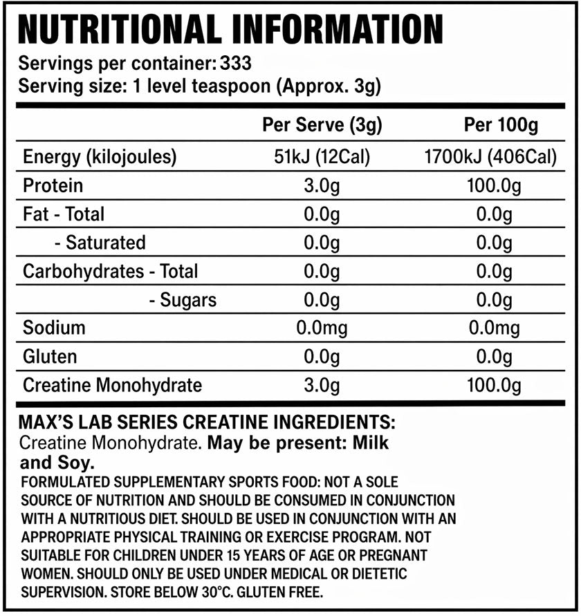 Max's Labs Series Creatine Monohydrate 1kg Nutrition and Ingredients
