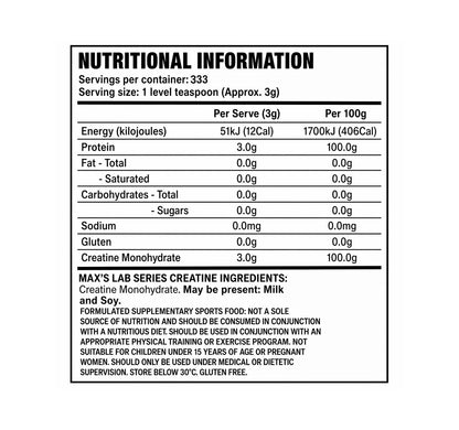 Max's Labs Series Creatine Monohydrate 1kg Nutrition and Ingredients