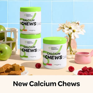 Three containers of 'New Calcium Chews' with a kitchen background featuring fruits and flowers.