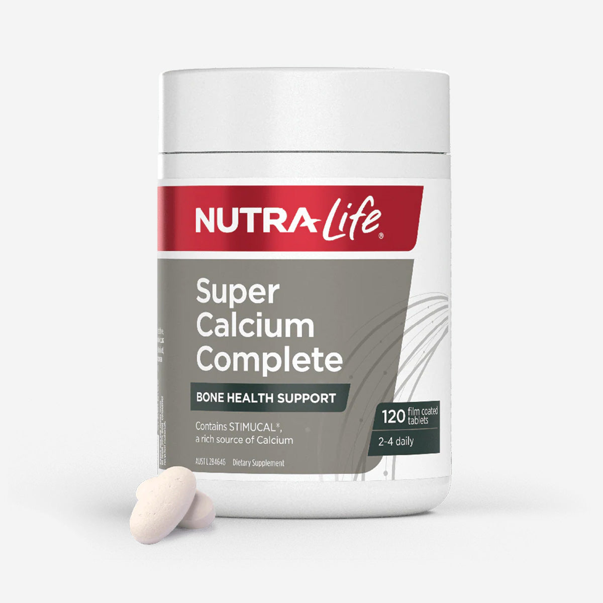 Nutralife Super Calcium Complete 120 film coated tablets for bone health with example tablets