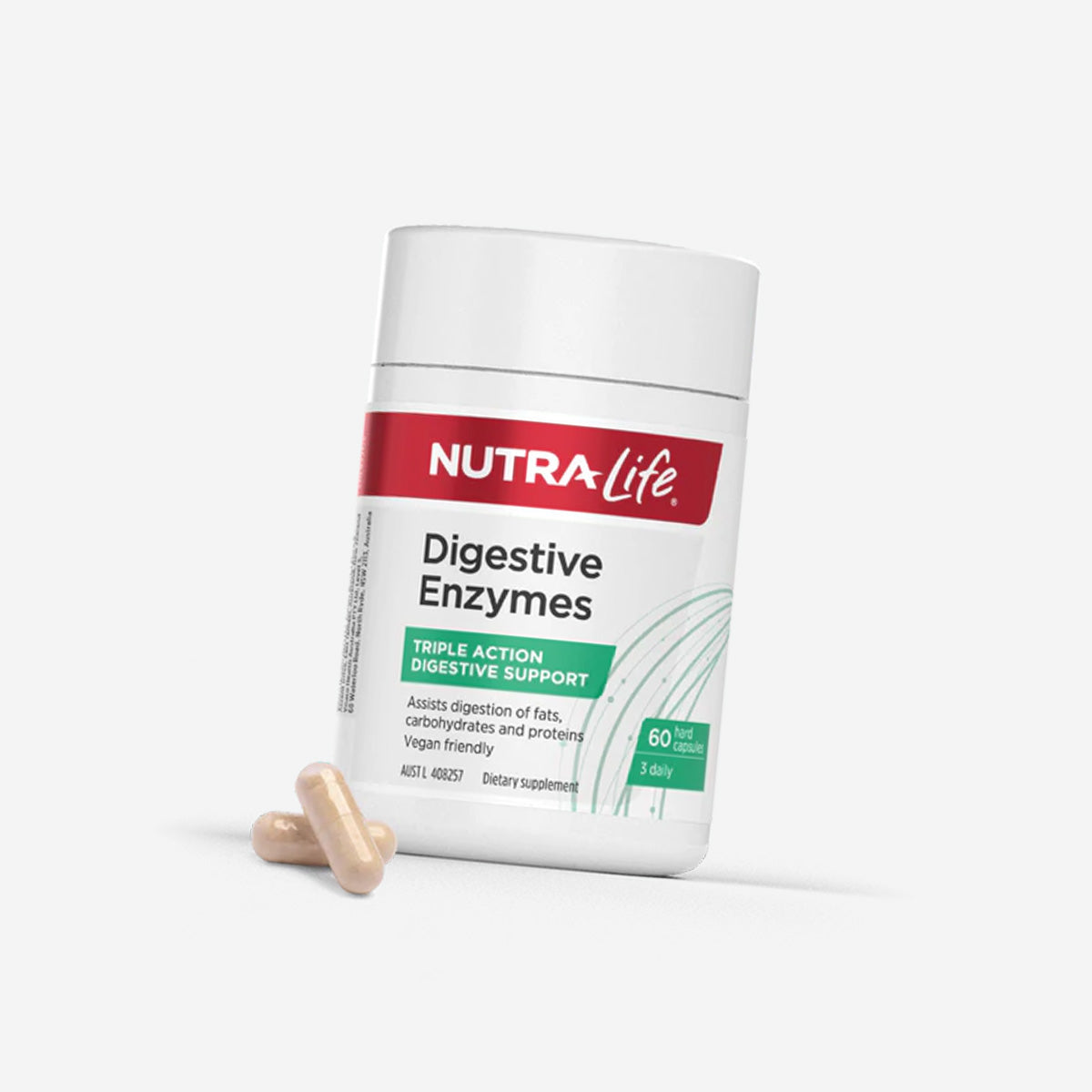Nutralife digestive enzymes 60 hard capsules with example capsules to assist digestion of fats