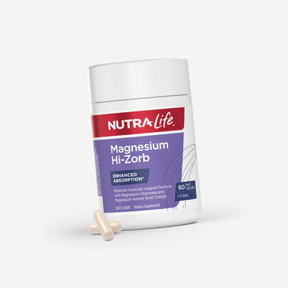 Nutralife Magnesium Hi-zorb magnesium glycinate 60 hard capsules for muscular support with example capsules