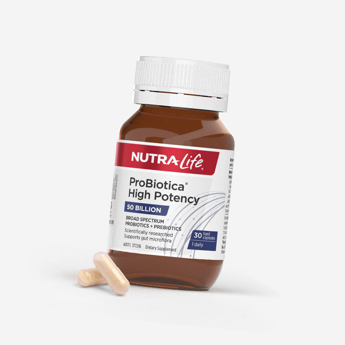 Nutralife ProBiotica probiotcs and prebiotics 30 hard capsules to support gut microflora with example capsules