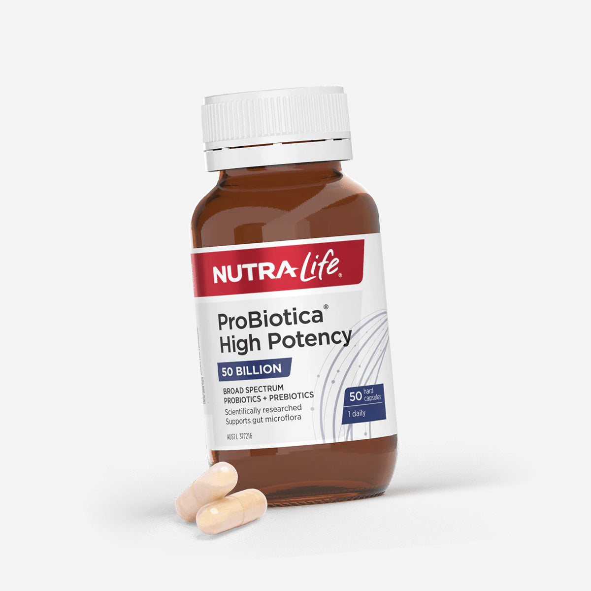 Nutralife ProBiotica probiotics and prebiotics 50 hard capsules to support gut microflora with example capsules