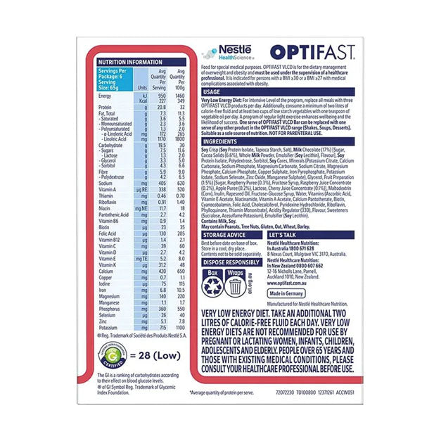Optifast Bar - VLCD 6 Bars Berry Nutrition Information