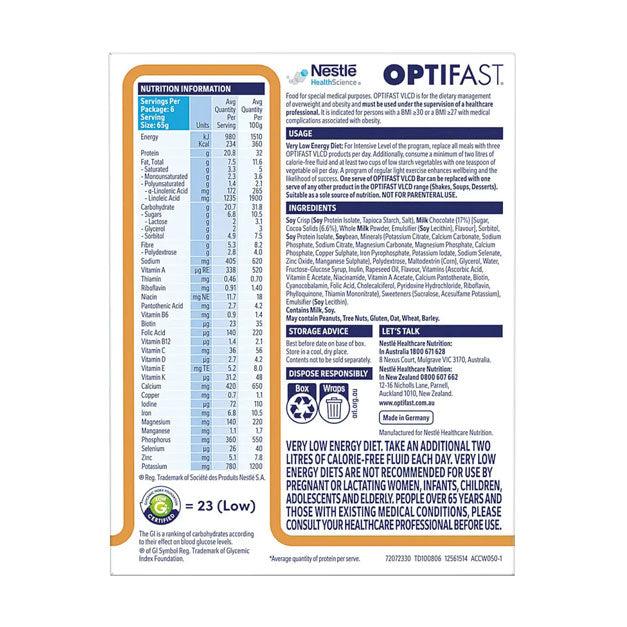 Optifast Bar - VLCD 6 Bars Cappuccino Nutrition Information