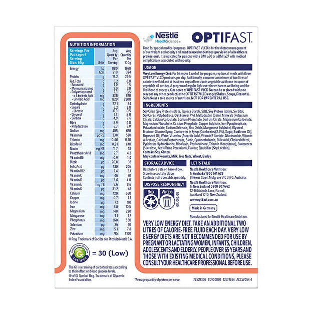 Optifast Bar - VLCD 6 Bars Cereal Nutrition Information