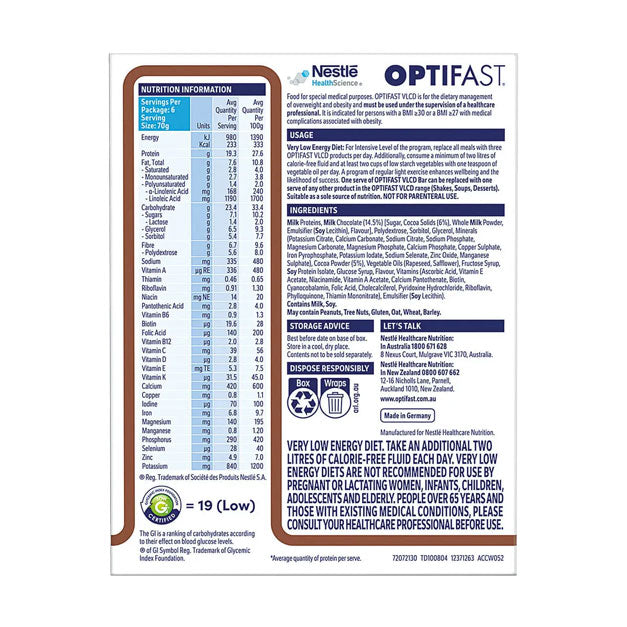 Optifast Bar - VLCD 6 Bars Chocolate Nutrition Information