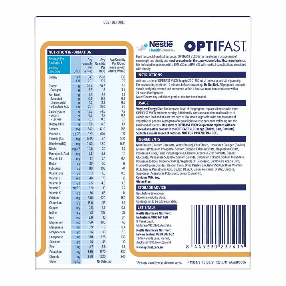 Optifast Soups VLCD Nutrition Information for Chicken Flavour