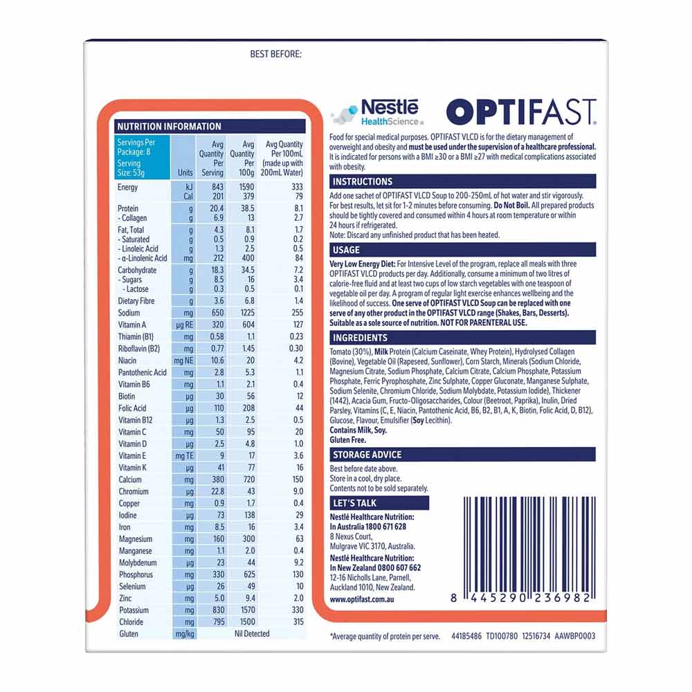 Optifast Soups VLCD Tomato Nutrition Information and Ingredients