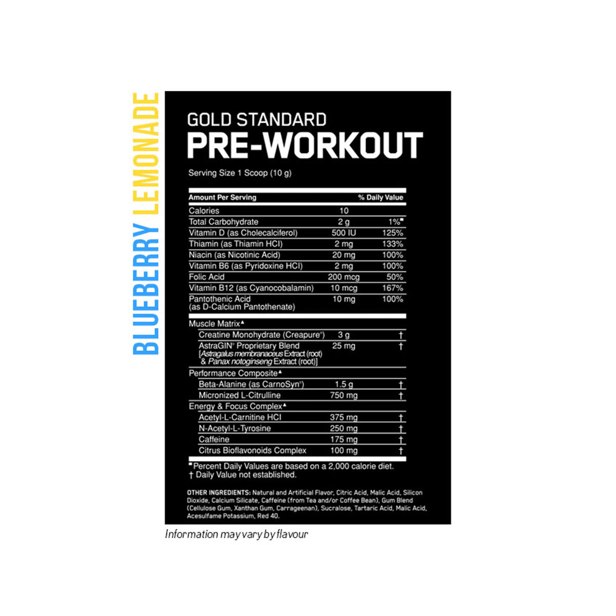 Gold Standard Pre-Workout by Optimum Nutrition 30 Serves - Nutrition Information and Ingredients blue lemonade flavour