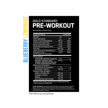 Gold Standard Pre-Workout by Optimum Nutrition 30 Serves - Nutrition Information and Ingredients blue lemonade flavour