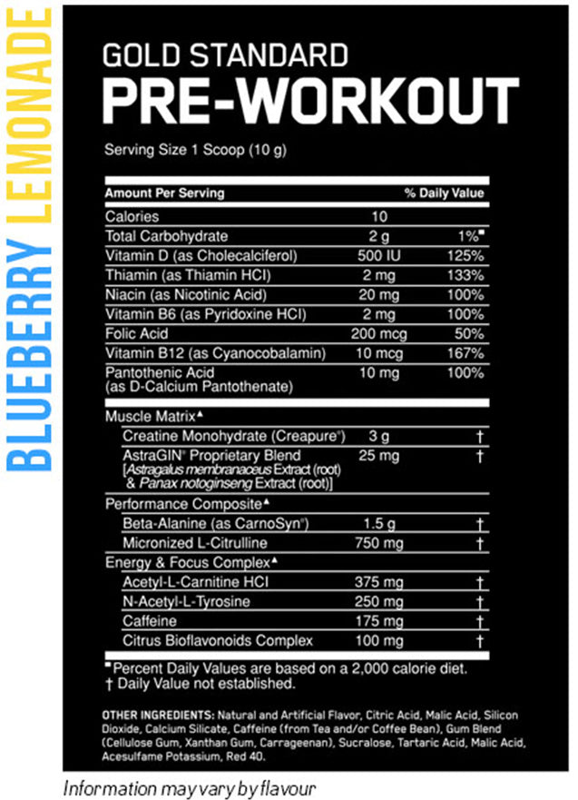 Gold Standard Pre-Workout by Optimum Nutrition 30 Serves - Nutrition Information and Ingredients blue lemonade flavour