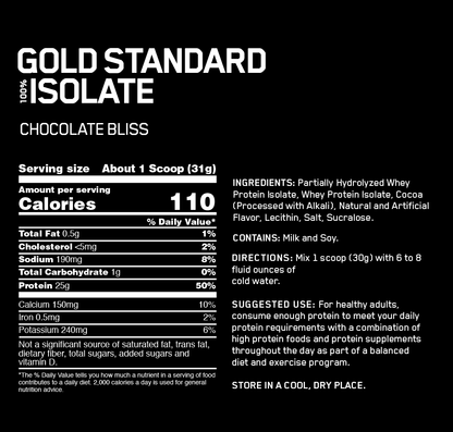 Gold Standard Whey Isolate by Optimum Nutrition - Nutrition Information for Chocolate Bliss Flavour