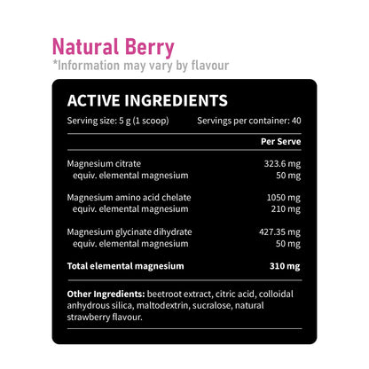 Pillar Performance Triple Magnesium 200g Natural Berry Nutrition Information and Ingredients