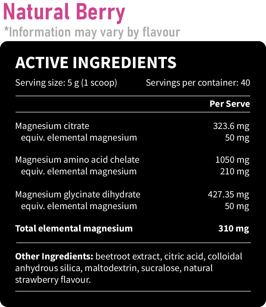 Pillar Performance Triple Magnesium 200g Natural Berry Nutrition Information and Ingredients