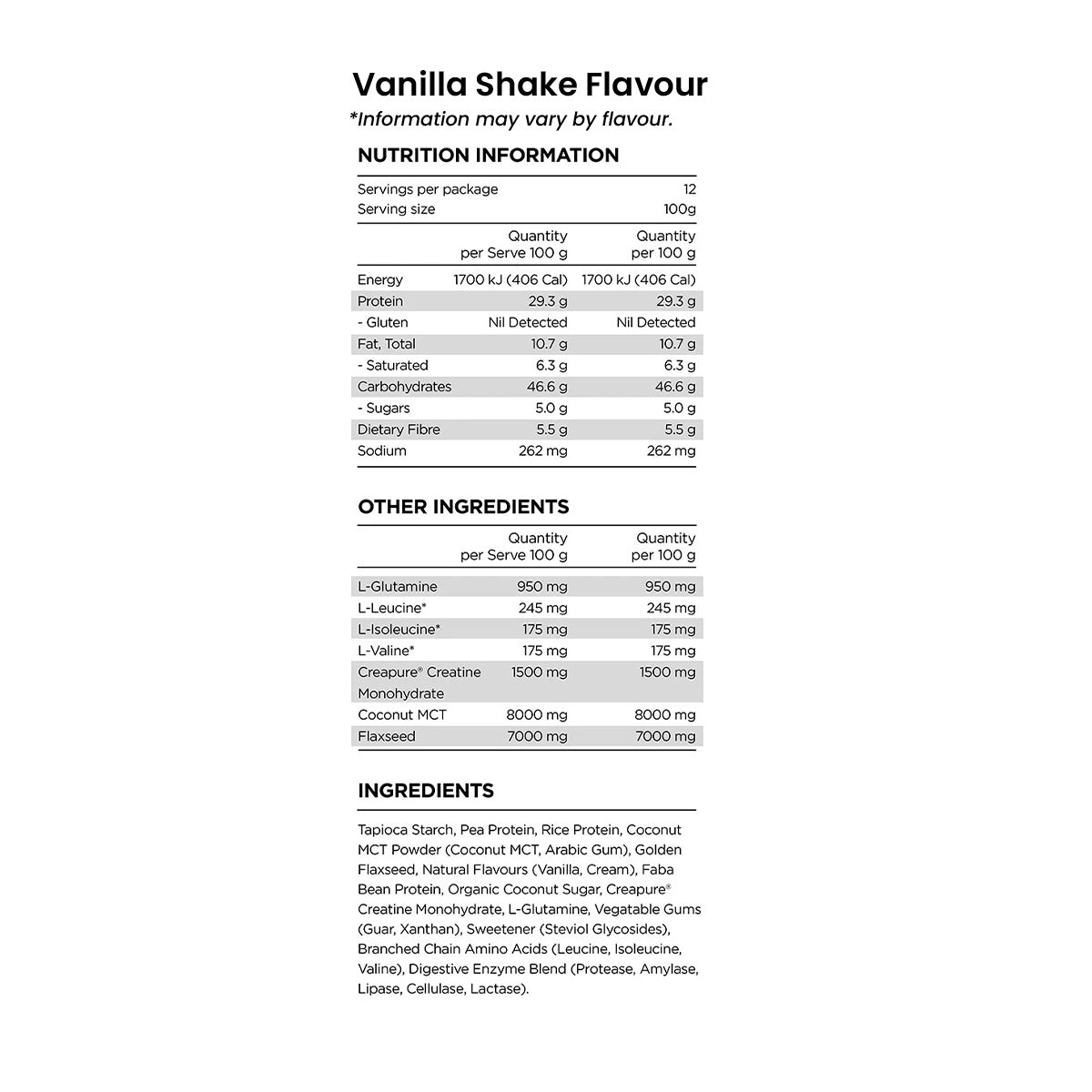 Prana ON Natural Mass Protein Vanilla shake nutrition information ad ingredients