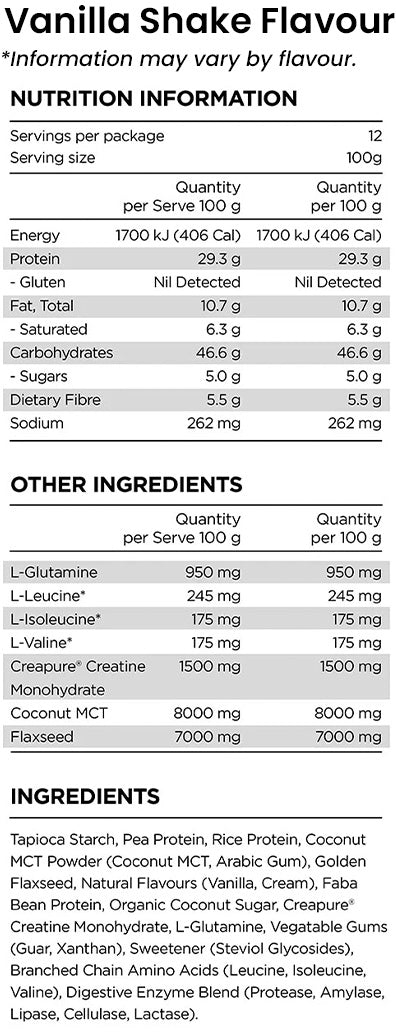 Prana ON Natural Mass Protein Vanilla shake nutrition information and ingredients