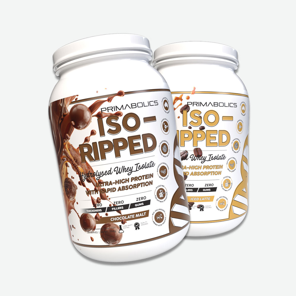 Primabolics Iso-Ripped Whey Protein Isolate 25 serves 750g Chocolate Malt and Iced Latte Flavours