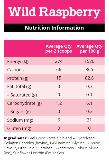 Nutrition information for Wild Raspberry flavour with pink background