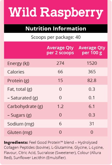 Nutrition information for Wild Raspberry flavour with a pink background