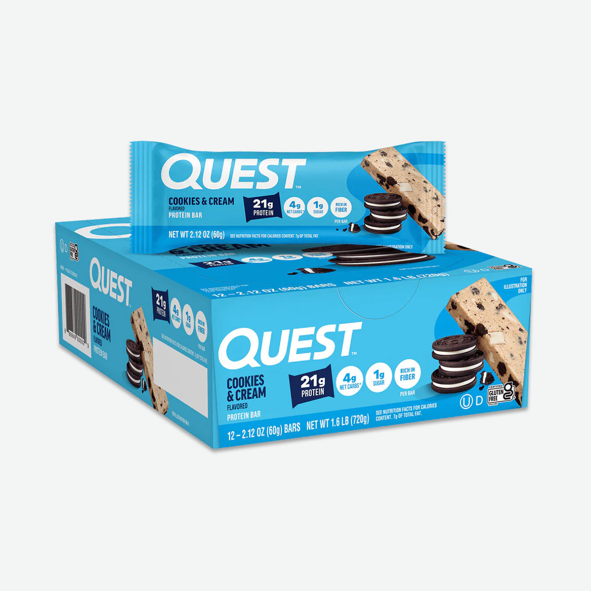 Quest Protein Bar 21g protein box of 12 with single unit cookies and cream flavour
