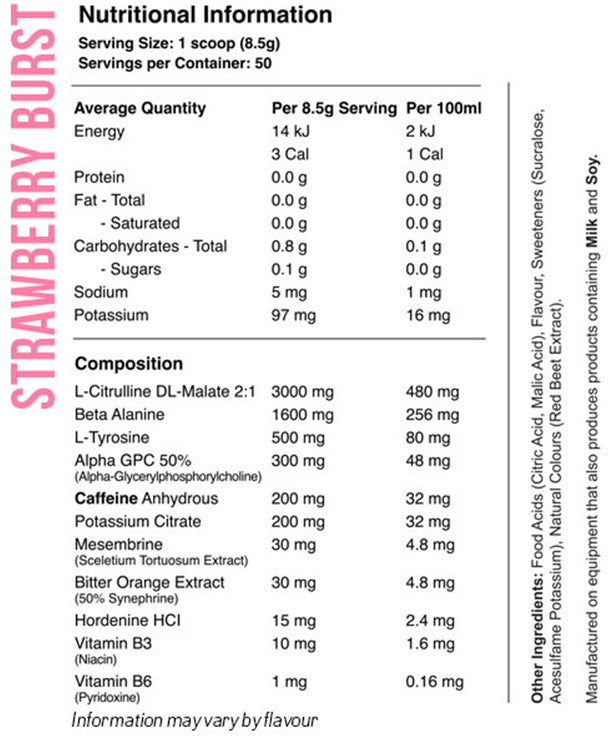 Red Dragon dragon's breath preworkout strawberry burst nutrition information and ingredients