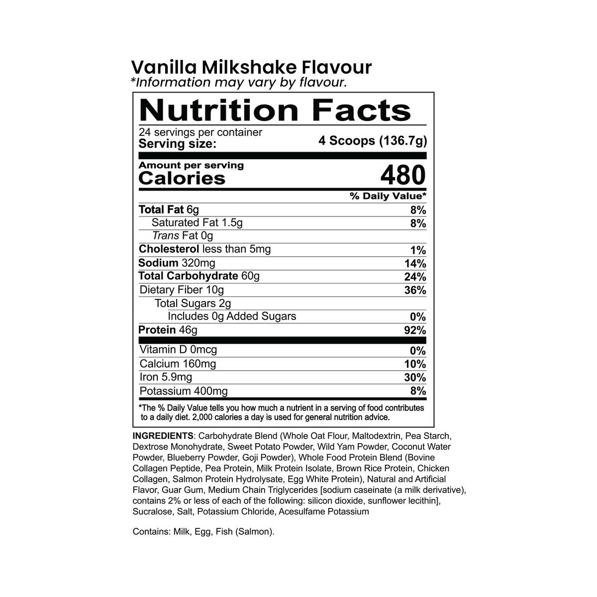 Redcon 1 MRE Whole Food Protein 25 servings - Nutrition Information and Ingredients for Vanilla Milkshake Flavour
