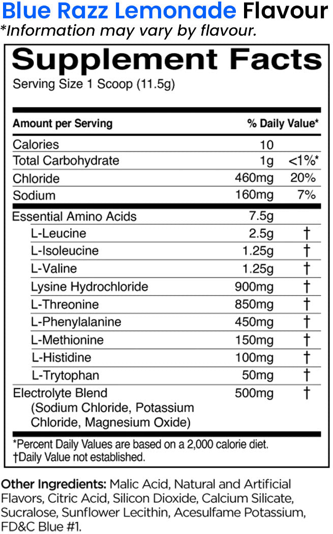 Rule 1 Amino 9 Amino Acids and Electrolyte Blend Nutrition Information and Ingredients for Blue Razz Lemonade Flavour