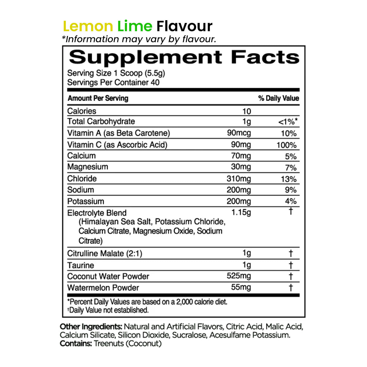 Rule 1 Lytes Premium Hydration Support 40 servings 220g Lemon Lime Flavour Nutrition Information and ingredients