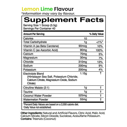 Rule 1 Lytes Premium Hydration Support 40 servings 220g Lemon Lime Flavour Nutrition Information and ingredients