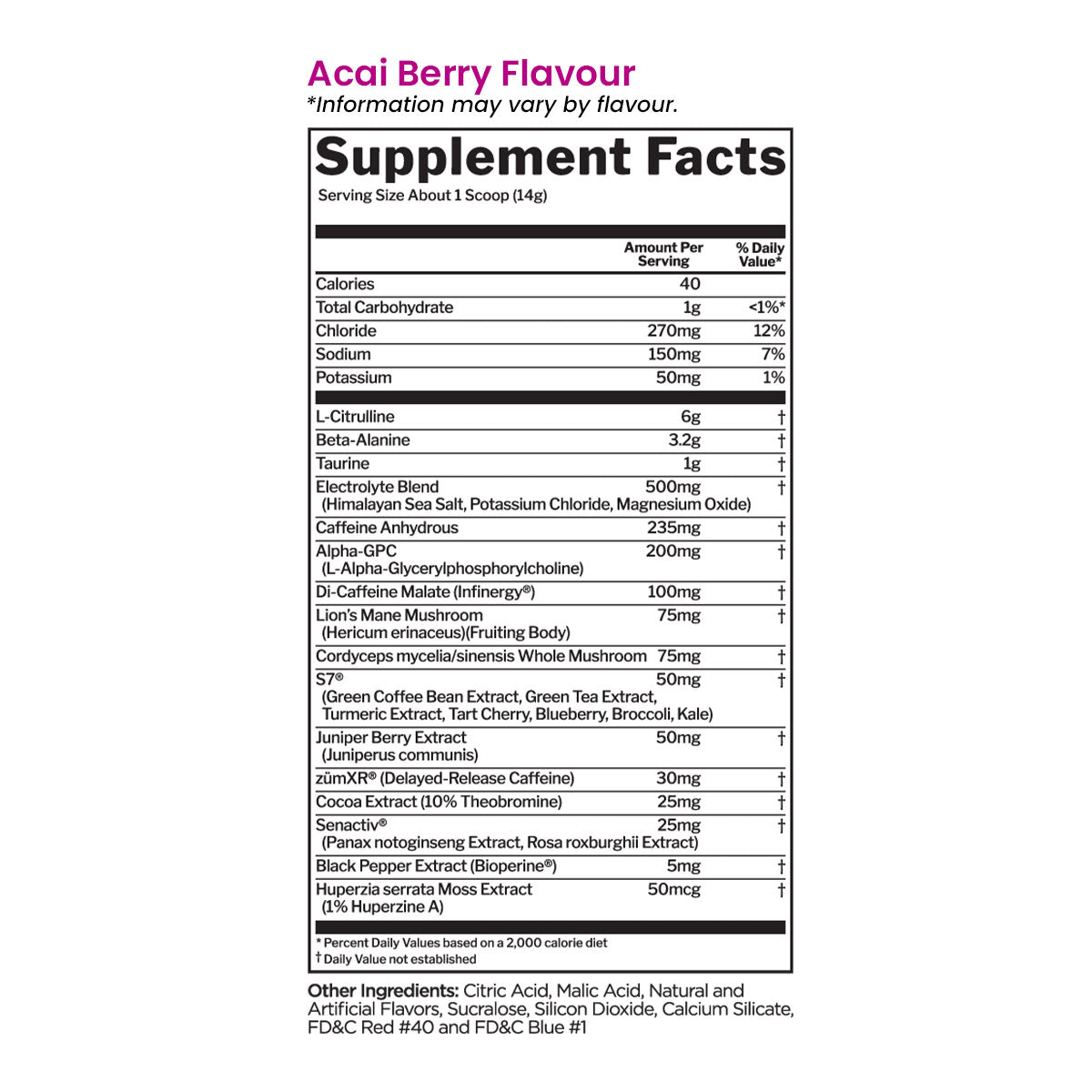 Rule 1 Pre Lift Pre Workout 30 servings 420g Acai Berry Flavour Nutrition Information and Ingredients