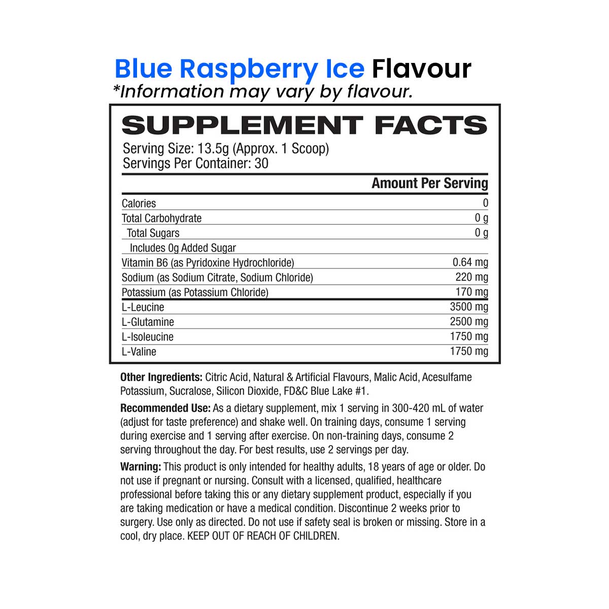 Scivation Extend the original BCAAs blue raspberry ice flavour nutrition information and ingredients