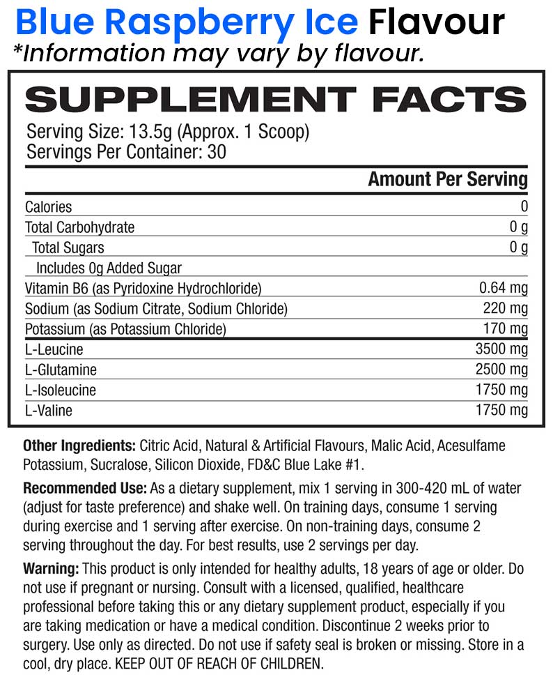 Scivation Extend the original BCAAs blue raspberry ice flavour nutrition information and ingredients