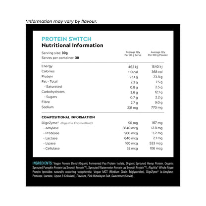 Protein Switch by Switch Nutrition 30 Serves Nutrition Information and Ingredients