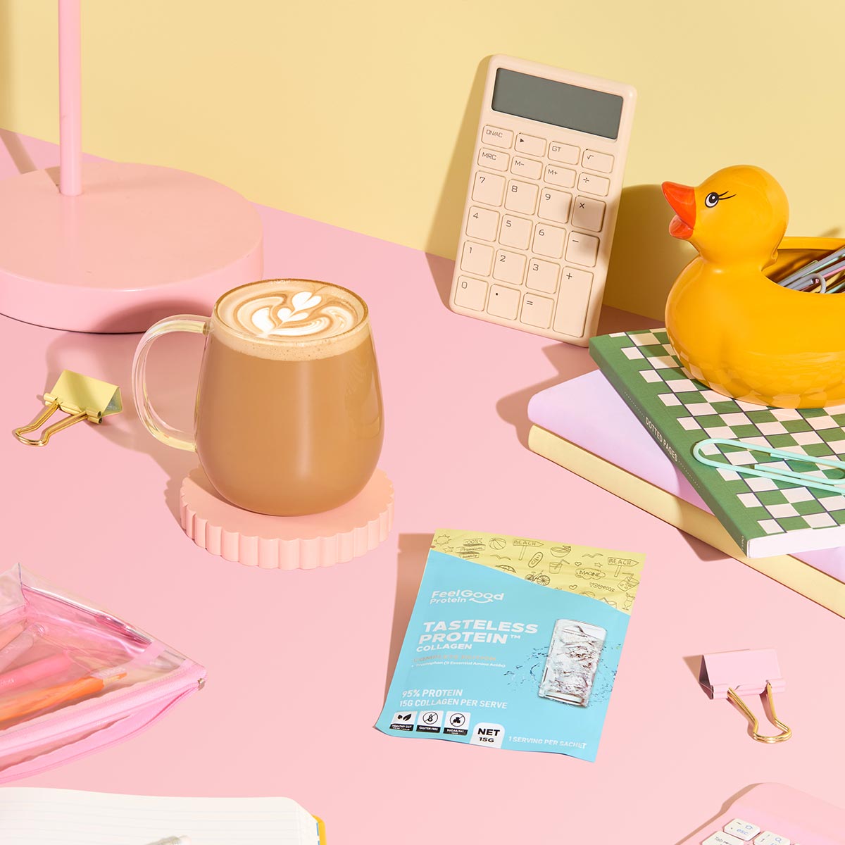 Tasteless Protein sample Sachet with coffee on desk