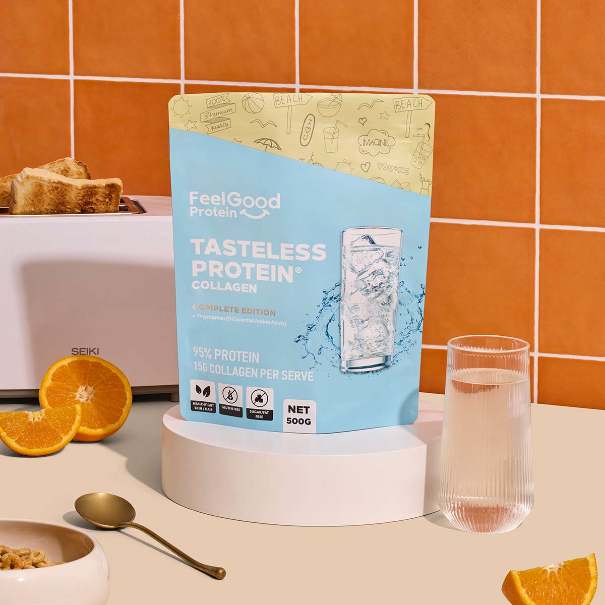 Feel Good Protein Tasteless Protein with water glass
