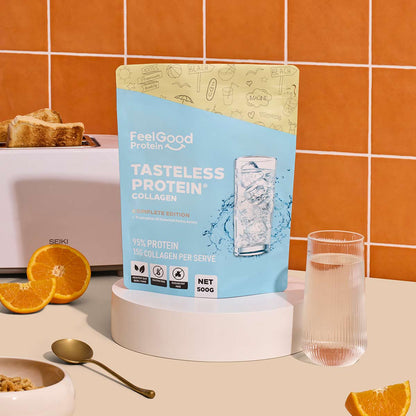 Feel Good Protein Tasteless Protein with water glass