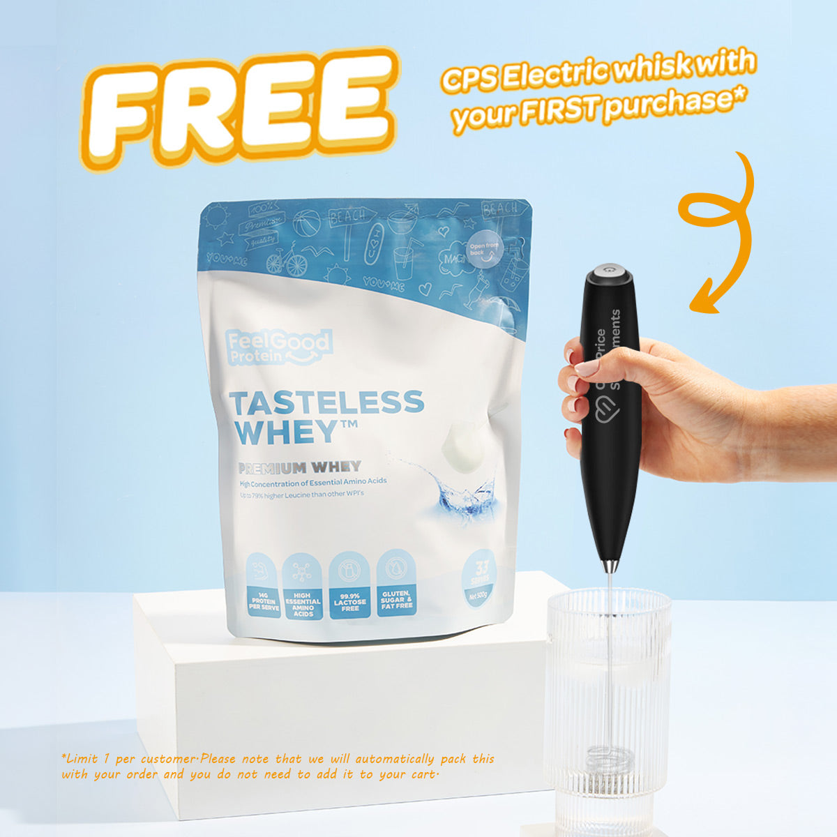 Free CPS Electric whisk with Tasteless Whey protein powder package on a light blue background