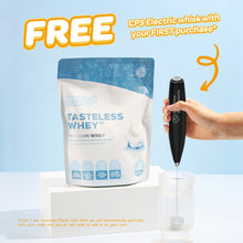 Free CPS Electric whisk with Tasteless Whey protein powder package on a light blue background