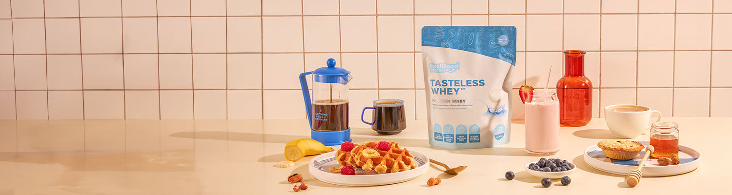 Tasteless Whey on a table of food